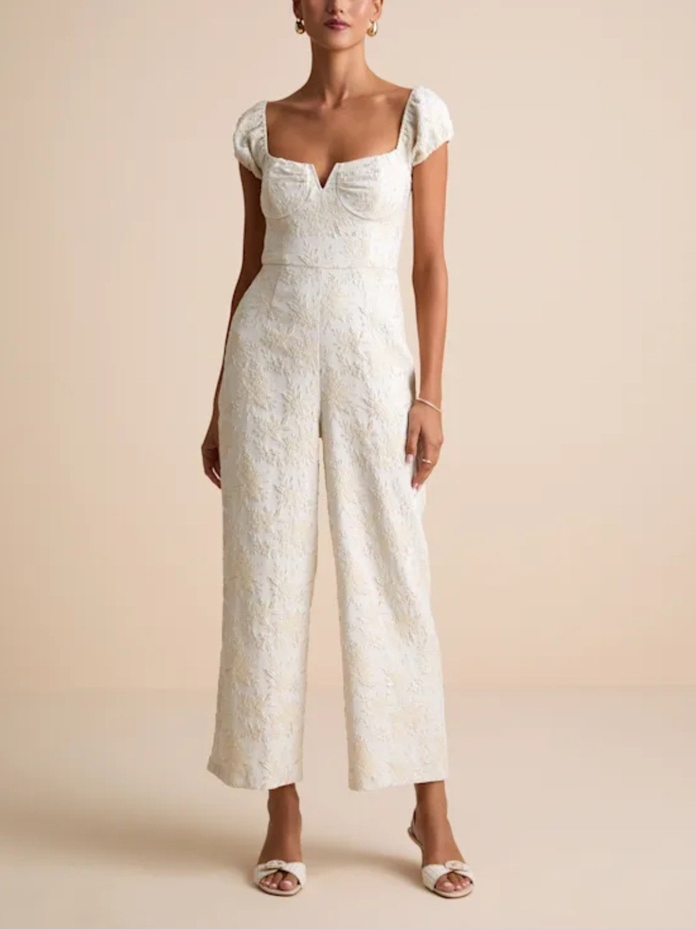 New Lulus New Glam Cream Floral Jacquard Bustier Off The Shoulder Jumpsuit XL